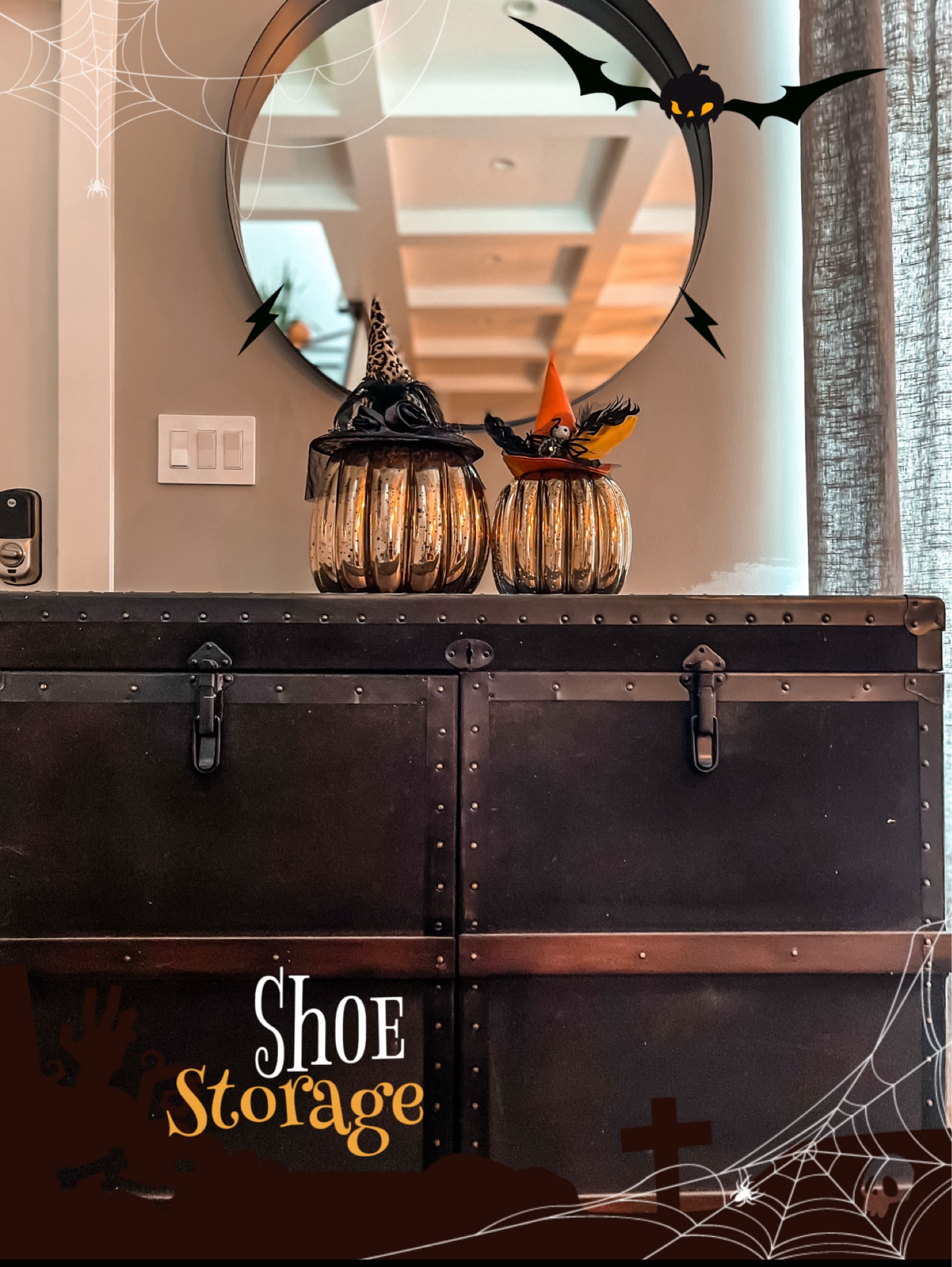 The entryway round mirror
Halloween or Fall home decor 
Bar trunk we use as shoe storage 
#ltkover40 #ltkhome #ltkseasonal



#LTKstyletip #LTKHoliday #LTKHalloween