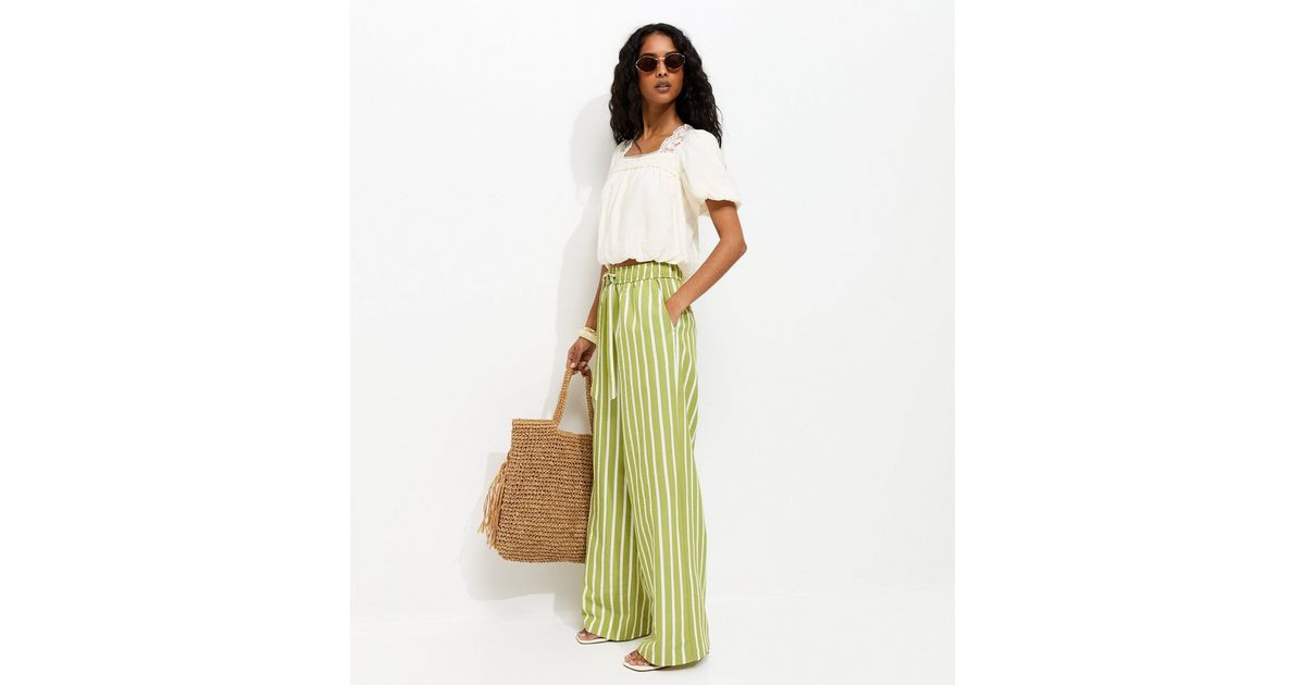 Green Striped Seersucker Wide Leg Trousers | New Look | New Look (UK)