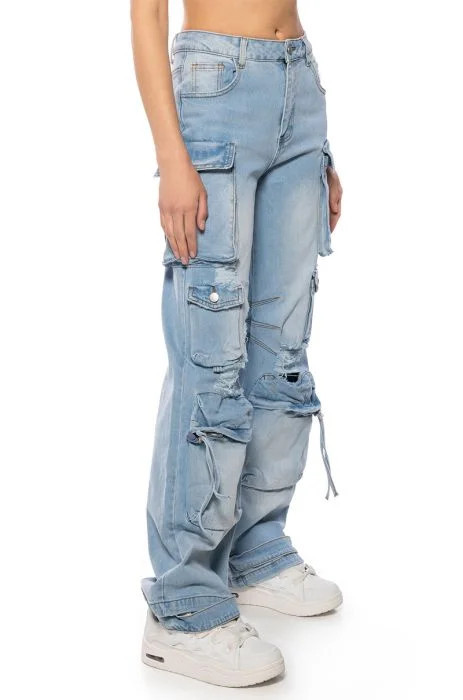KEEP IT ON THE LOW RELAXED FIT CARGO JEANS IN LIGHT BLUE DENIM | AKIRA