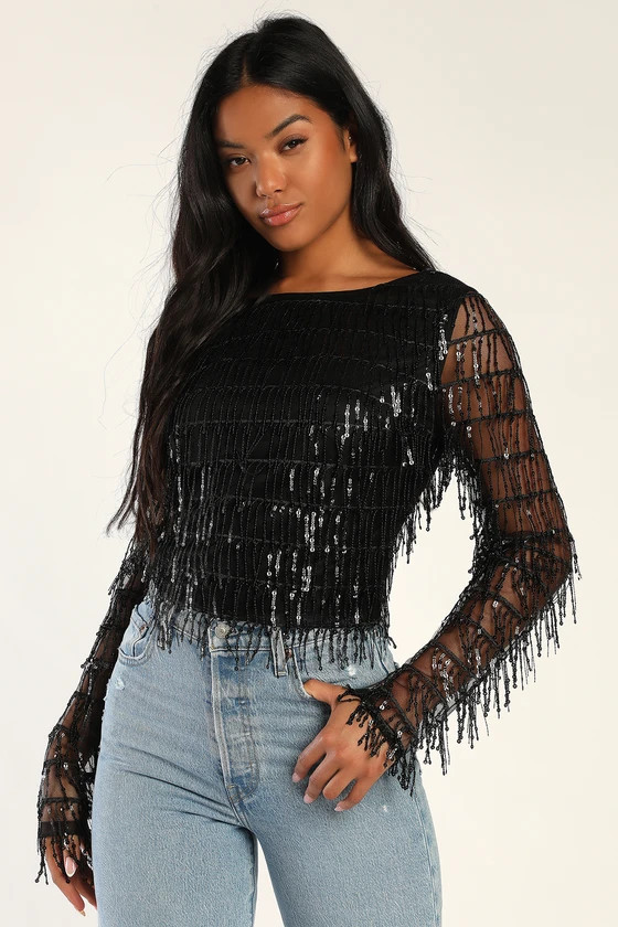 Glamorous Charm Black Sequin Fringe Long Sleeve Crop Top | Lulus (US)