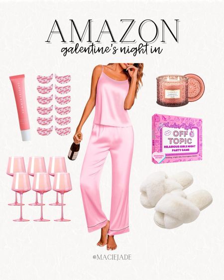 Amazon galentine’s night in essentials 😍💗 girls night in / amazon fashion / amazon lounge wear / amazon pjs / amazon pajamas / silk pj set / pink wine glasses / fuzzy slippers / summer Fridays / spa night / cozy night in 

#LTKhome #LTKfindsunder50 #LTKSeasonal