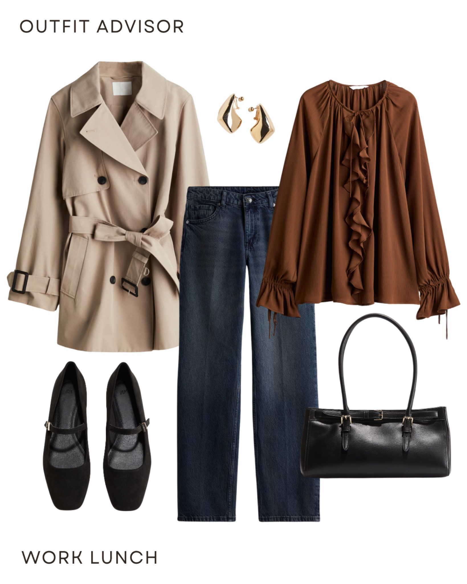 Casual autumn work outfit idea: a short trench coat, frill blouse, jeans, gold earrings, balck shoulder bag and suede flats

#LTKworkwear #LTKstyletip #LTKautumn
