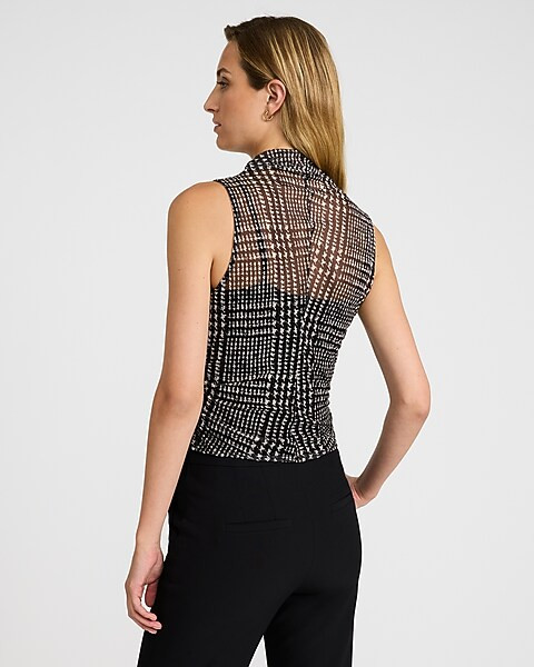Mesh Houndstooth Mock Neck Ruched Tank | Express