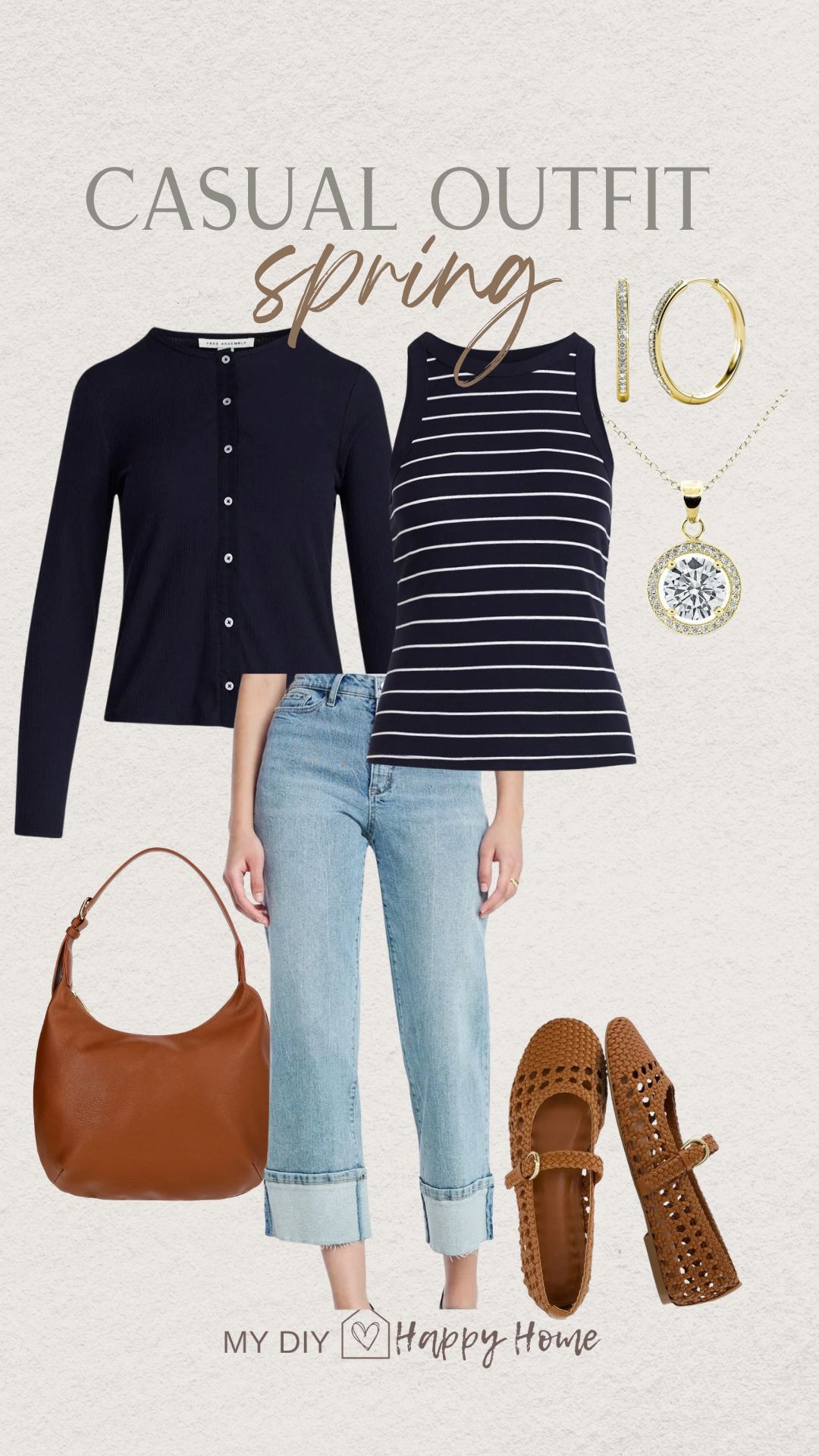 Spring outfit inspiration 

Lightweight cardigan- more colors 
Striped sleeveless top- several colors 
Cropped cuff jeans - three lengths 
Mary Jane woven flats 
Handbag 
Necklace 
Gold hoop earrings 

#LTKPetite #LTKMidsize #LTKootd