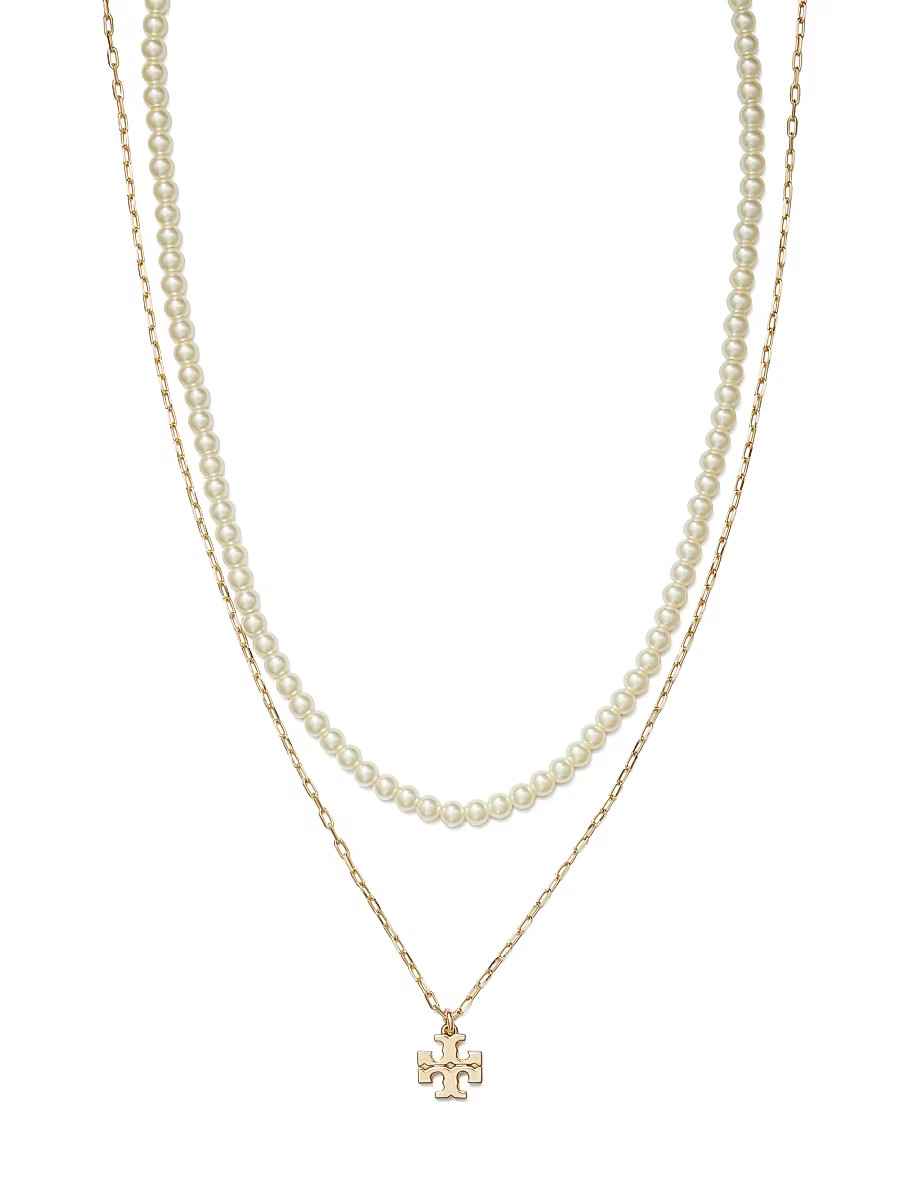 Women's Kira 18K-Gold-Plated & Imitation Pearl Layered Logo Pendant Necklace - Tory Gold Pearl | Saks Fifth Avenue