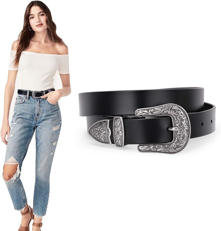 Women Vintage Leather Belt for Jeans Pants Dress Ladies Boho Belt with Western Buckle | Amazon (US)