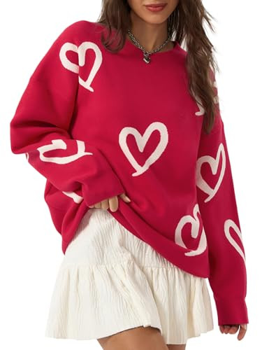 Saodimallsu Womens Oversized Heart Sweater Crew Neck Long Sleeve Knit Cute Valentines Pullover Sweaters Red | Amazon (US)