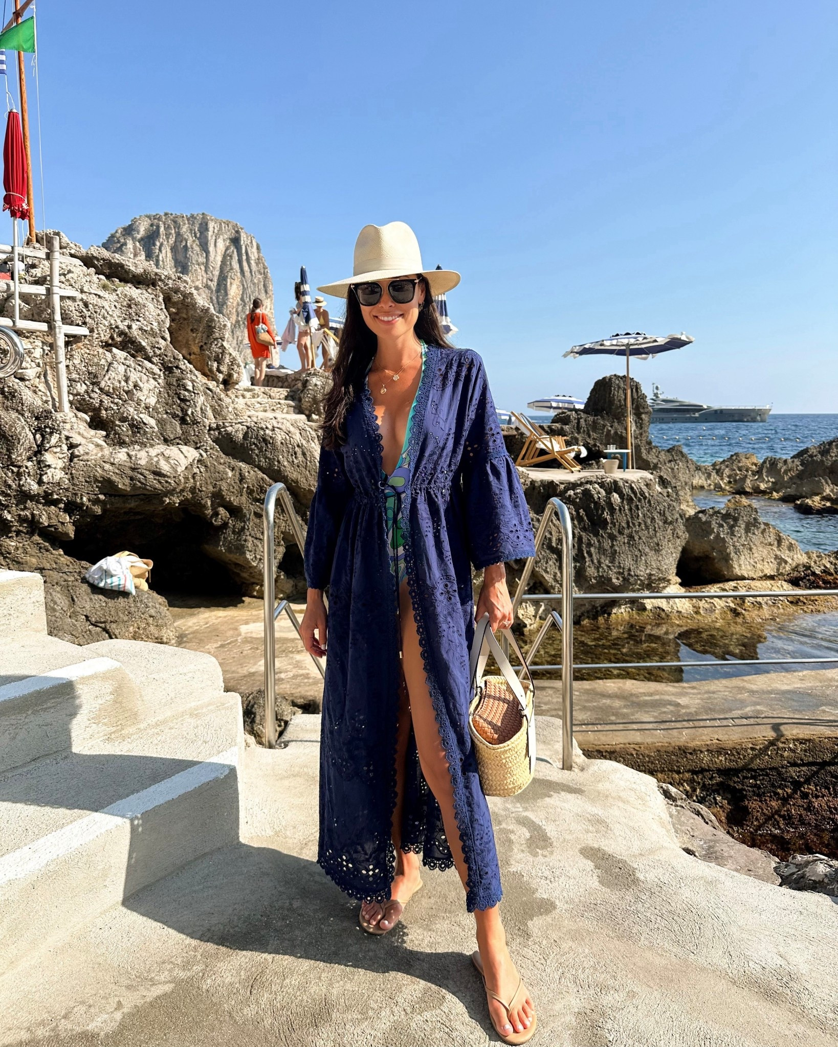 Capri, La Fontelina, navy blue swim coverup, kaftan, swimsuit.

#LTKSeasonal #LTKSwim #LTKItBag
