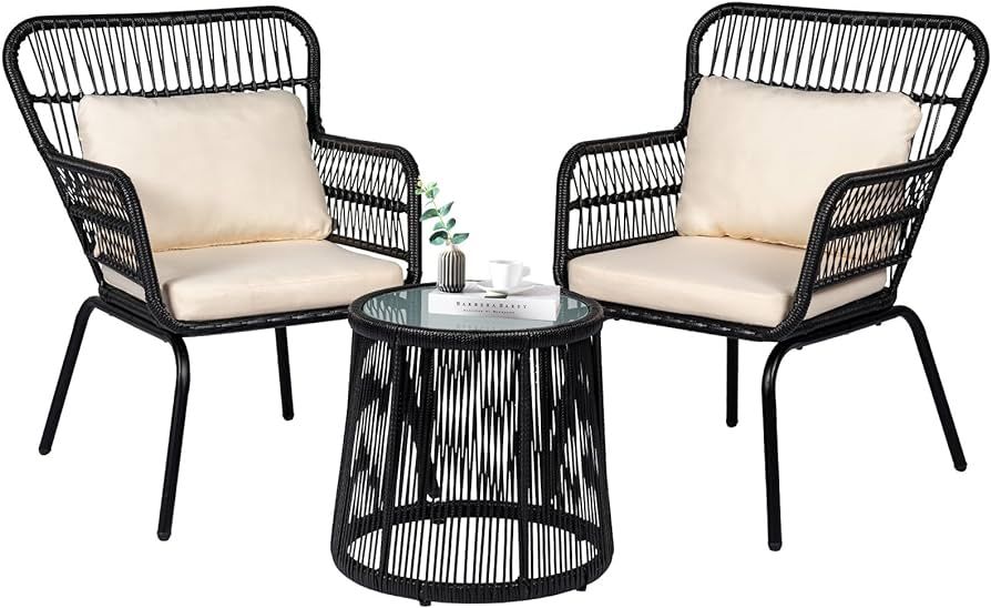 3 Piece Outdoor Wicker Furniture Bistro Set, Rattan Chairs Conversation Sets Porch Furniture, Wic... | Amazon (US)