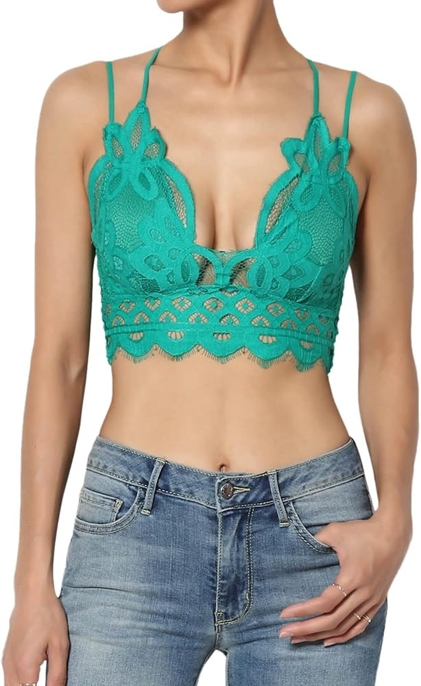Women's Cross Strap & Stretchy Smocked Back Crochet Lace Bralette Pad Bra Top | Amazon (US)