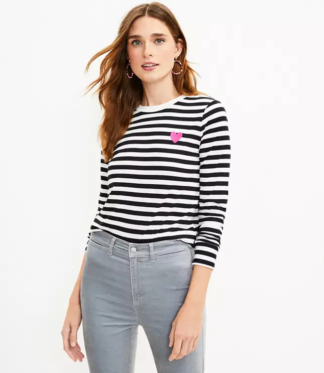 Heart Stripe Long Sleeve Everyday Crew Tee | LOFT