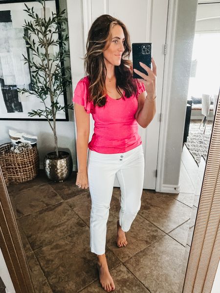 Straight leg ankle length white jeans with button fly & slight destruction (Size 6)
Ruffle sleeve ribbed tee (size small) 💓

Walmart fashion, Amazon fashion, spring outfit, casual outfit idea, white jean outfit, Walmart haul 🌸

#LTKfindsunder50 #LTKstyletip #LTKsalealert
