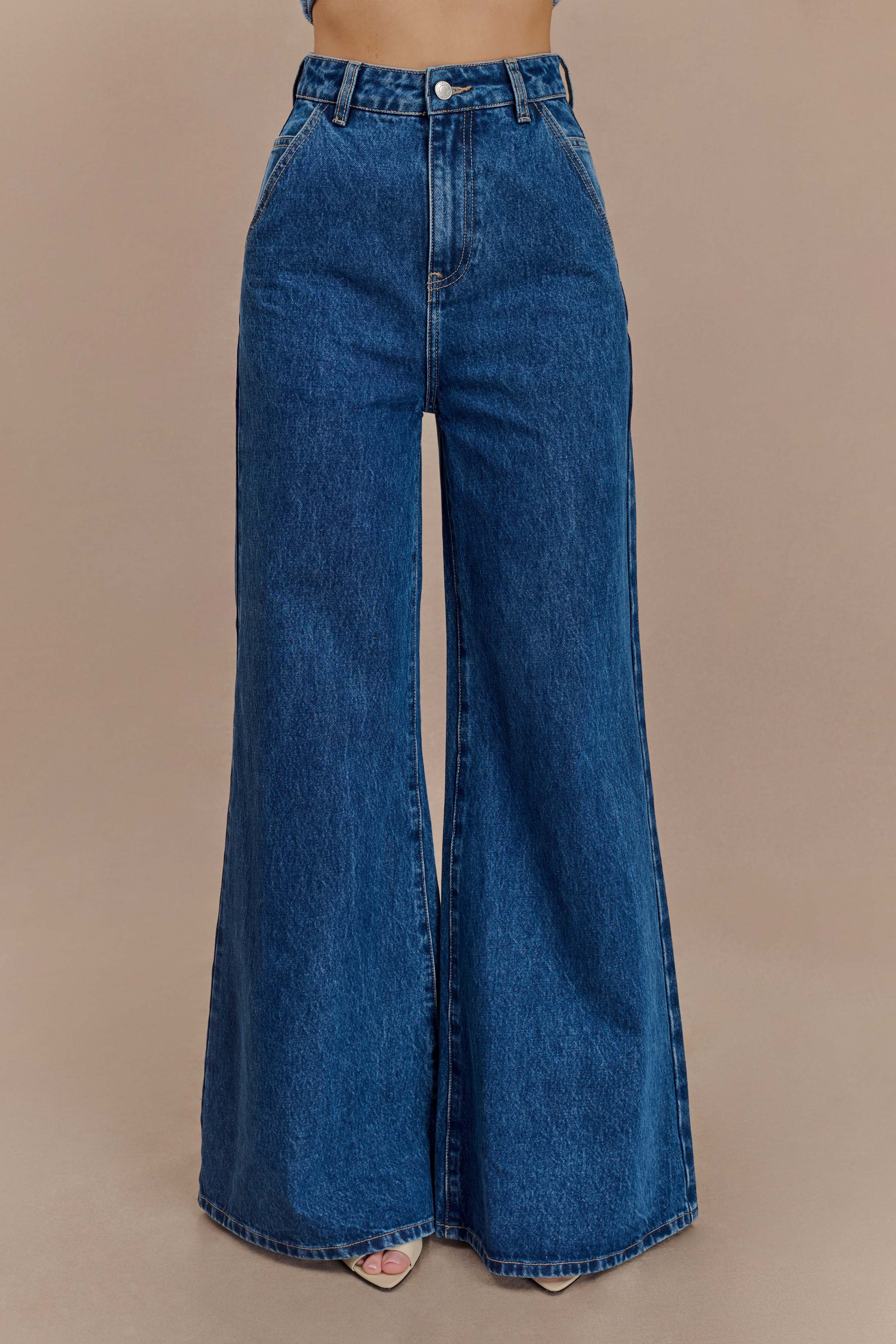 Wide Leg Flare Denim Jeans - Dark Blue | MESHKI US