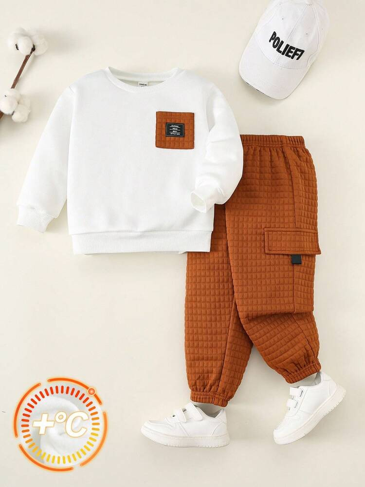 SHEIN 2pcs Kids Boy Casual Everyday Versatile Comfortable Contrast Pocket Pullover Loose Long Sle... | SHEIN
