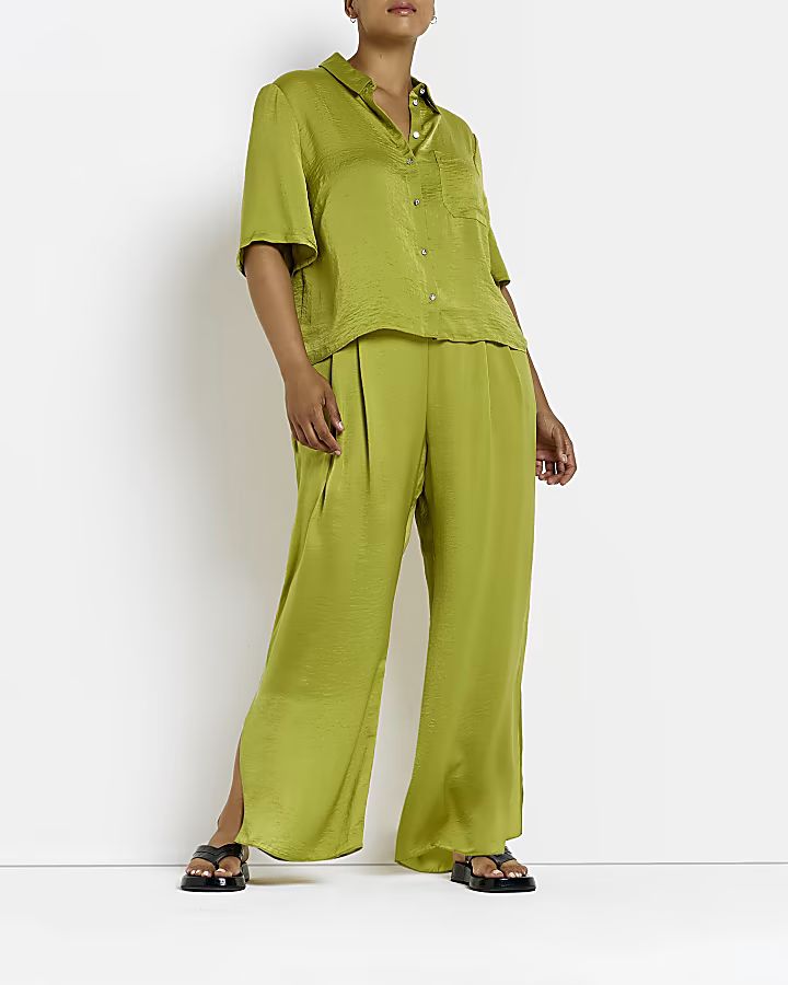 Plus green satin wide leg trousers | River Island (UK & IE)