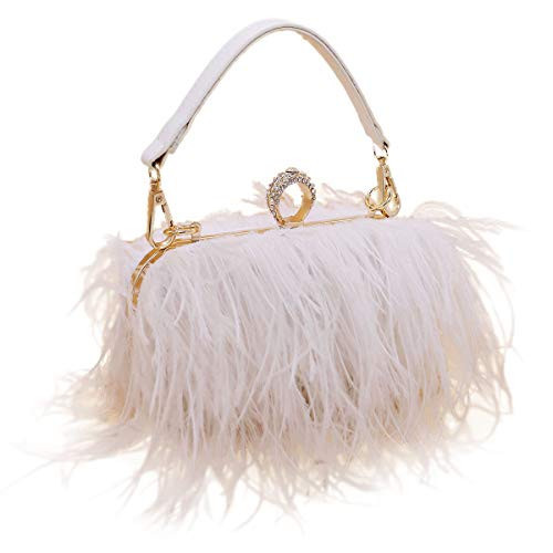 QEBURI Women Fluffy Ostrich Feather Evening Dress Clutch Bag Purse Shoulder Bag (White) | Amazon (US)