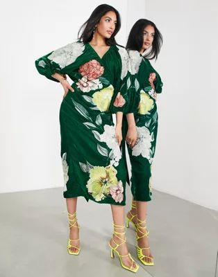 ASOS EDITION velvet wrap midi dress in large bloom floral embroidery in green | ASOS (Global)