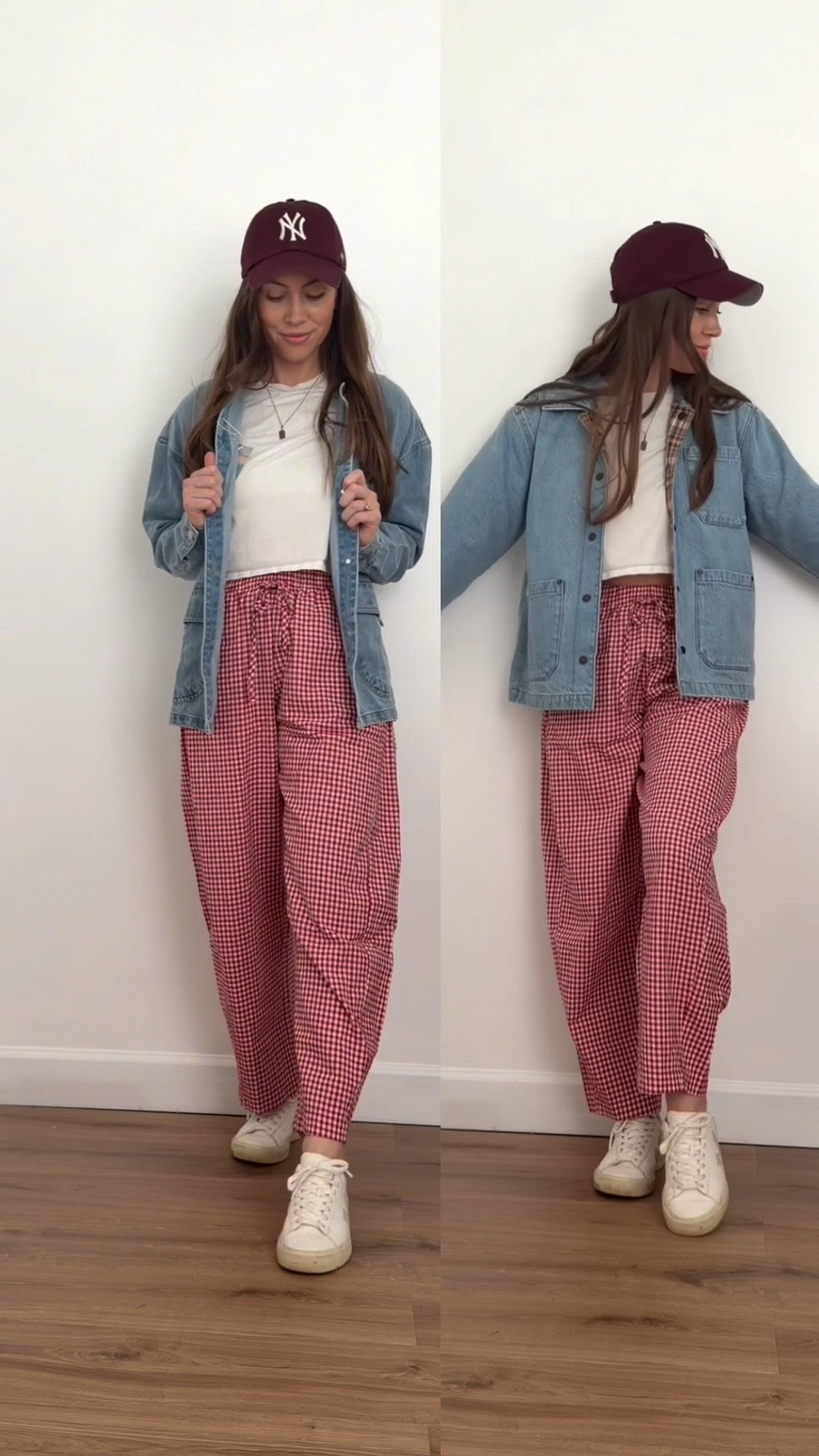 | save vs splurge denim barn jacket | summer to fall transition outfits | fall utility jacket | gingham barrel pants | linen pants outfits | comfy casual outfits | casual mom outfits | bargain finds | 

Left jacket: Amazon size small
Right jacket: Abercrombie size small
Pants: Amazon size small 
Shirt: size small

#LTKootd #LTKSaleAlert #LTKgrwm