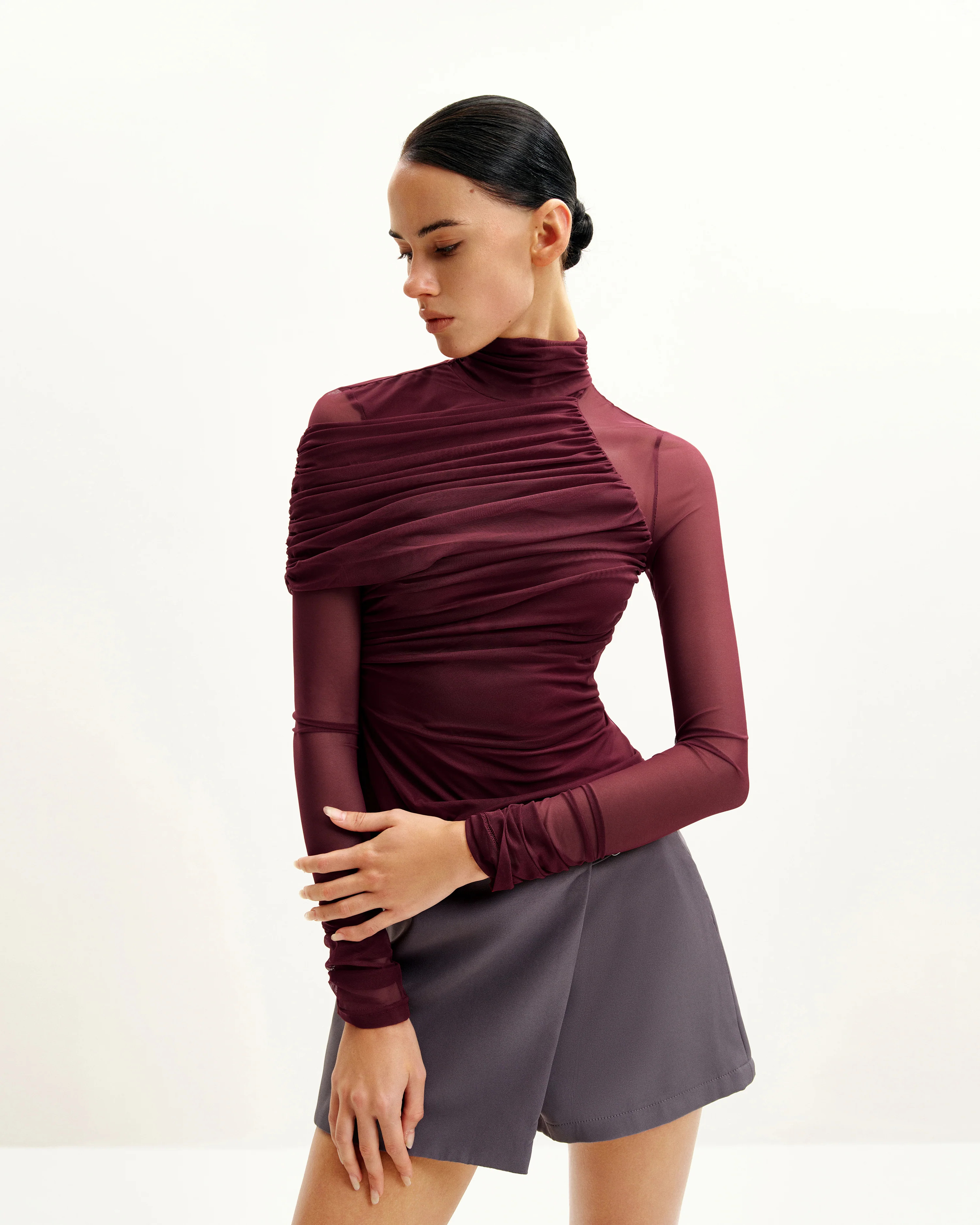 Ella Sheer Ruched Turtleneck Top - Burgundy | JW PEI US
