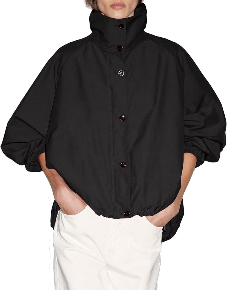 Yioaga Women Bomber Jacket Casual Long Sleeve High Neck Zip Up Button Puff Fall Coats Lightweight... | Amazon (US)