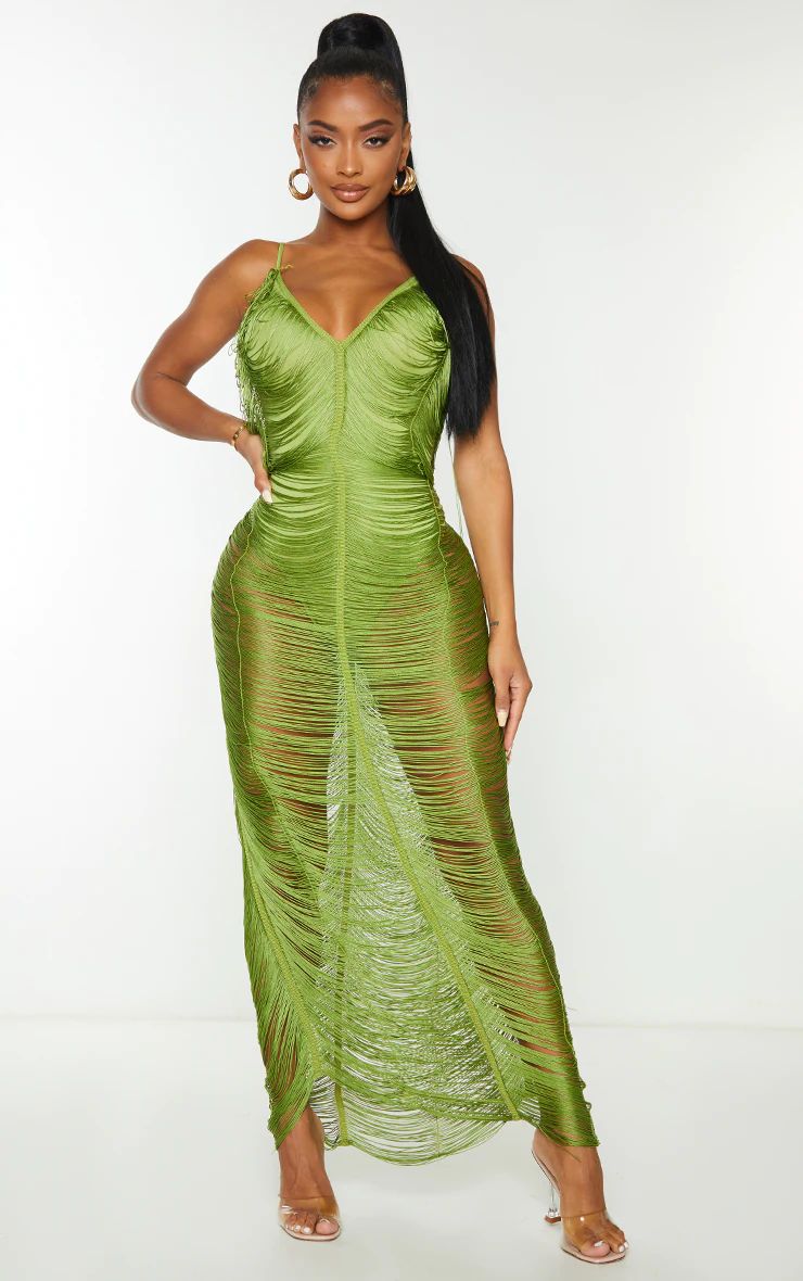 Shape Olive Fringe Detail Midaxi Dress | PrettyLittleThing US