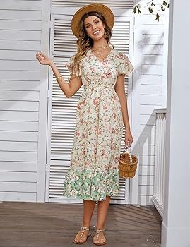 JASAMBAC Women's Casual V Neck Floral Print Maxi Dress Short Sleeve Slit Swing Bohemian Beach Par... | Amazon (US)