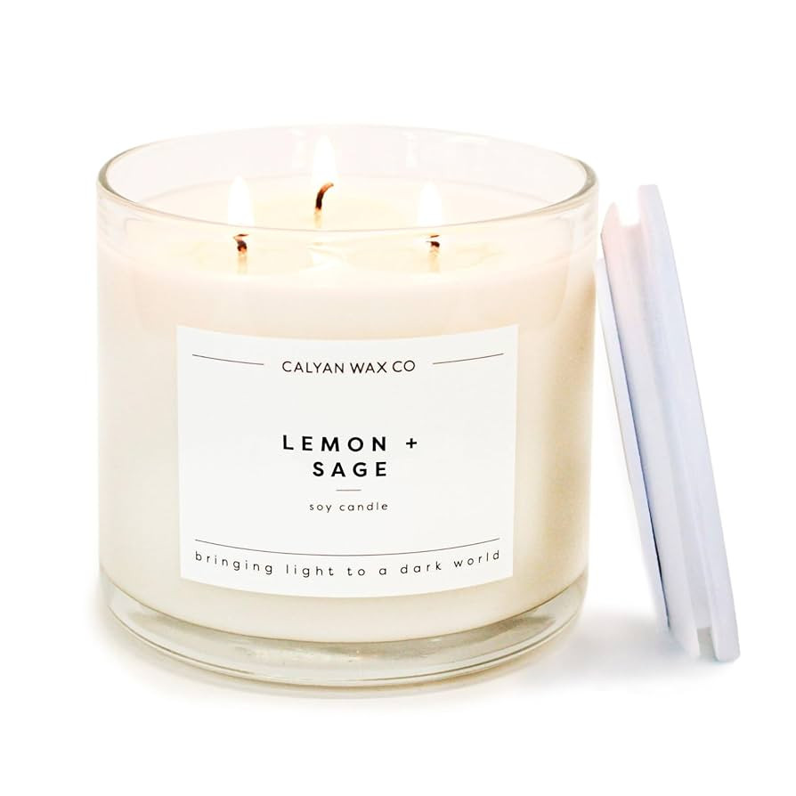 Calyan Wax Co. 3 Wick Candle, Lemon + Sage Scented Candle, 43 Hour Burn Time, 3 Wick Soy Candles,... | Amazon (US)