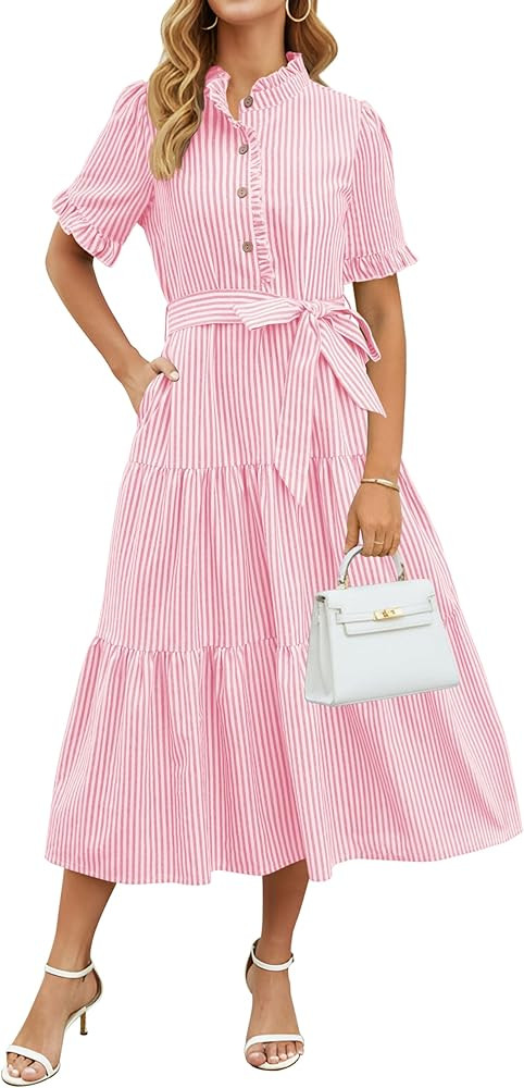 Womens Striped Summer Dress Elegant Ruffled Sleeve Button Down Tie Waist Maxi Shirt Dresses | Amazon (US)