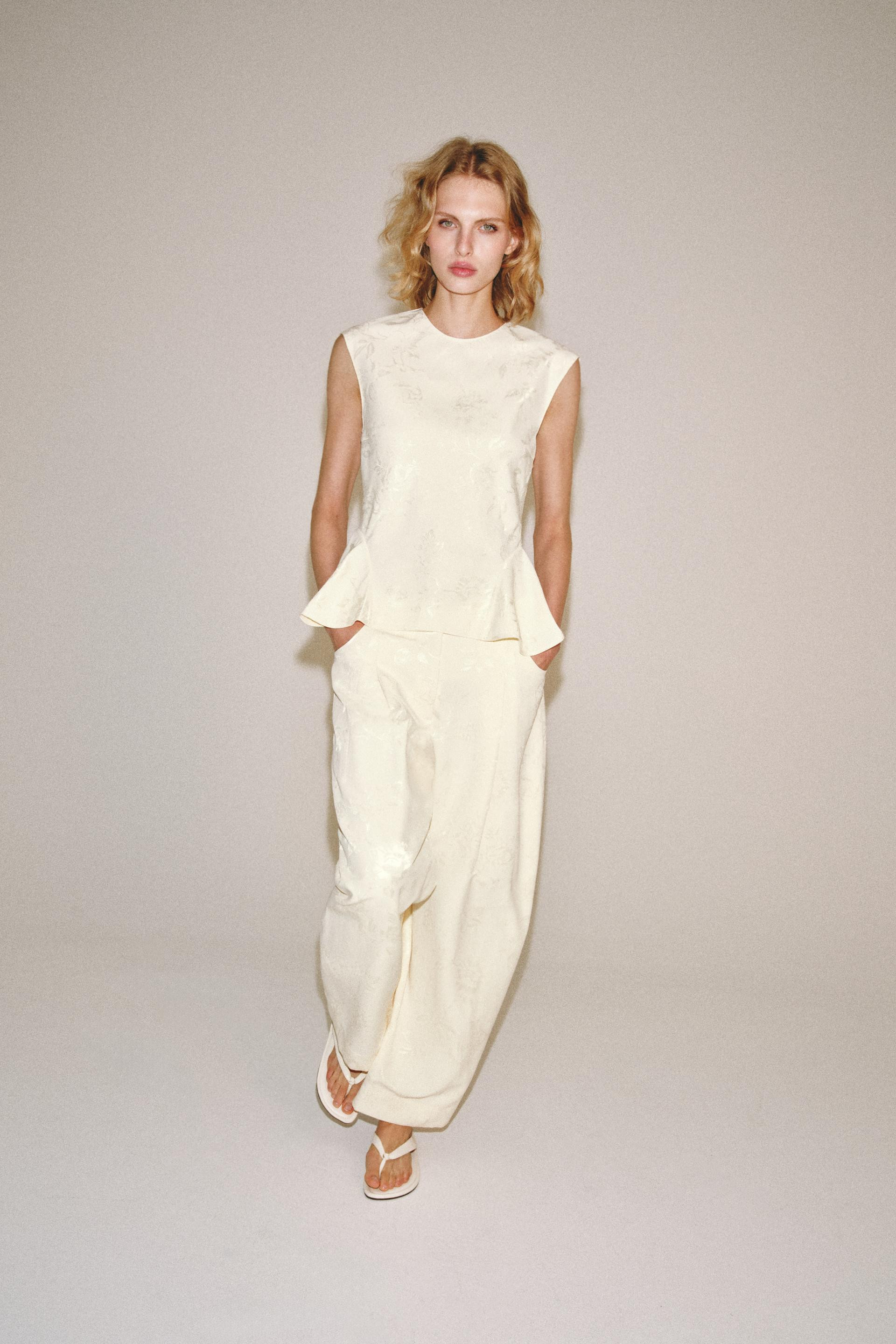 Zara - Zw Collection Jacquard Barrel Pants - Ecru / Beige - Xs - Woman | Zara US