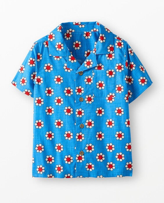 Boys' Red Flowers On Swedish Sky Poplin Button Up Shirt in 100% Cotton - Size Big Kids 10 by Hanna Andersson | Hanna Andersson