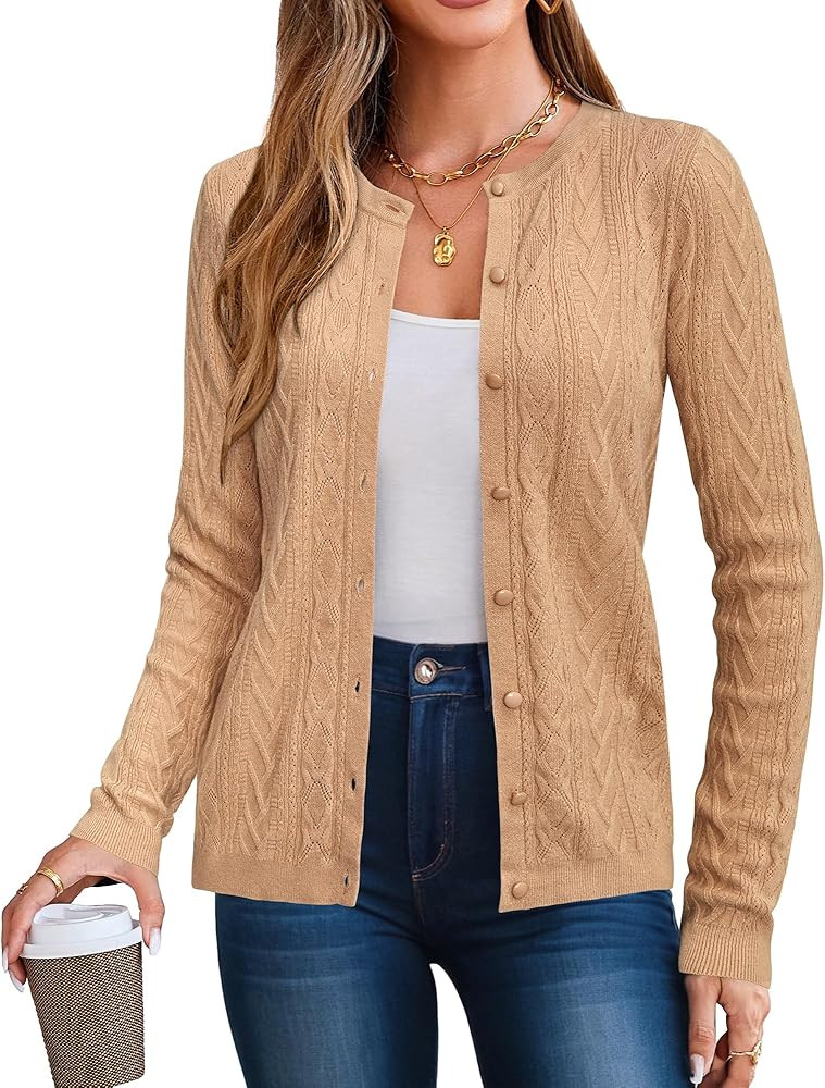 Arach&Cloz Women's 2024 Cable Knit Cardigan Long Sleeve Button Down Casual Sweater Lightweight Cr... | Amazon (US)