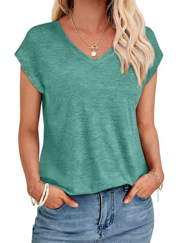 AUTOMET Womens V Neck T Shirts Spring Summer Cap Sleeve Basic Tees Trendy Cute Tops for Work Dres... | Amazon (US)