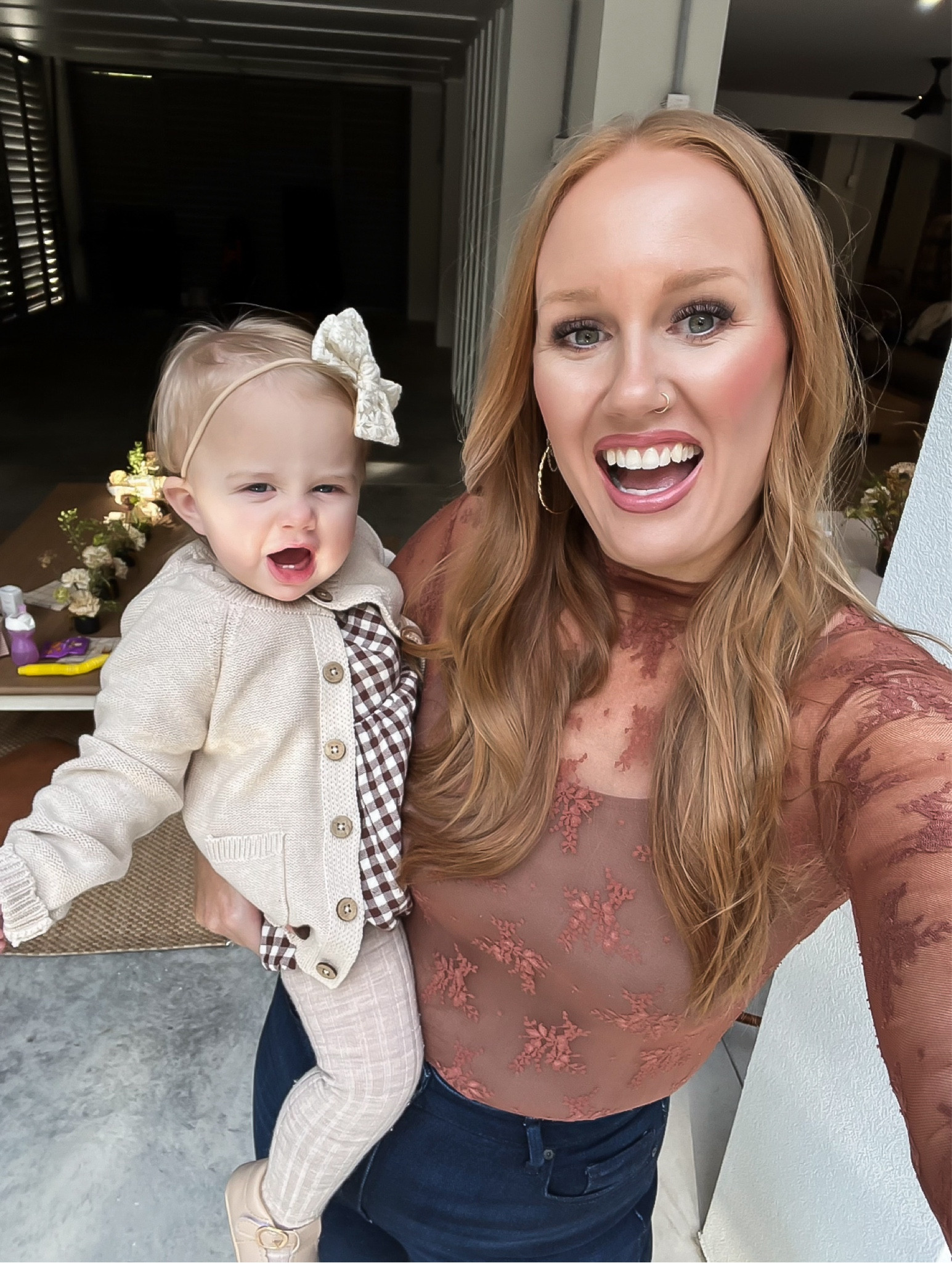 Fall outfit. Redhead outfit. Free People. Lace shirt. Layers. Family photos. Mom outfit. Brown. Baby girl. Paige jeans. Wide leg jeans. Denim  

#LTKStyleTip