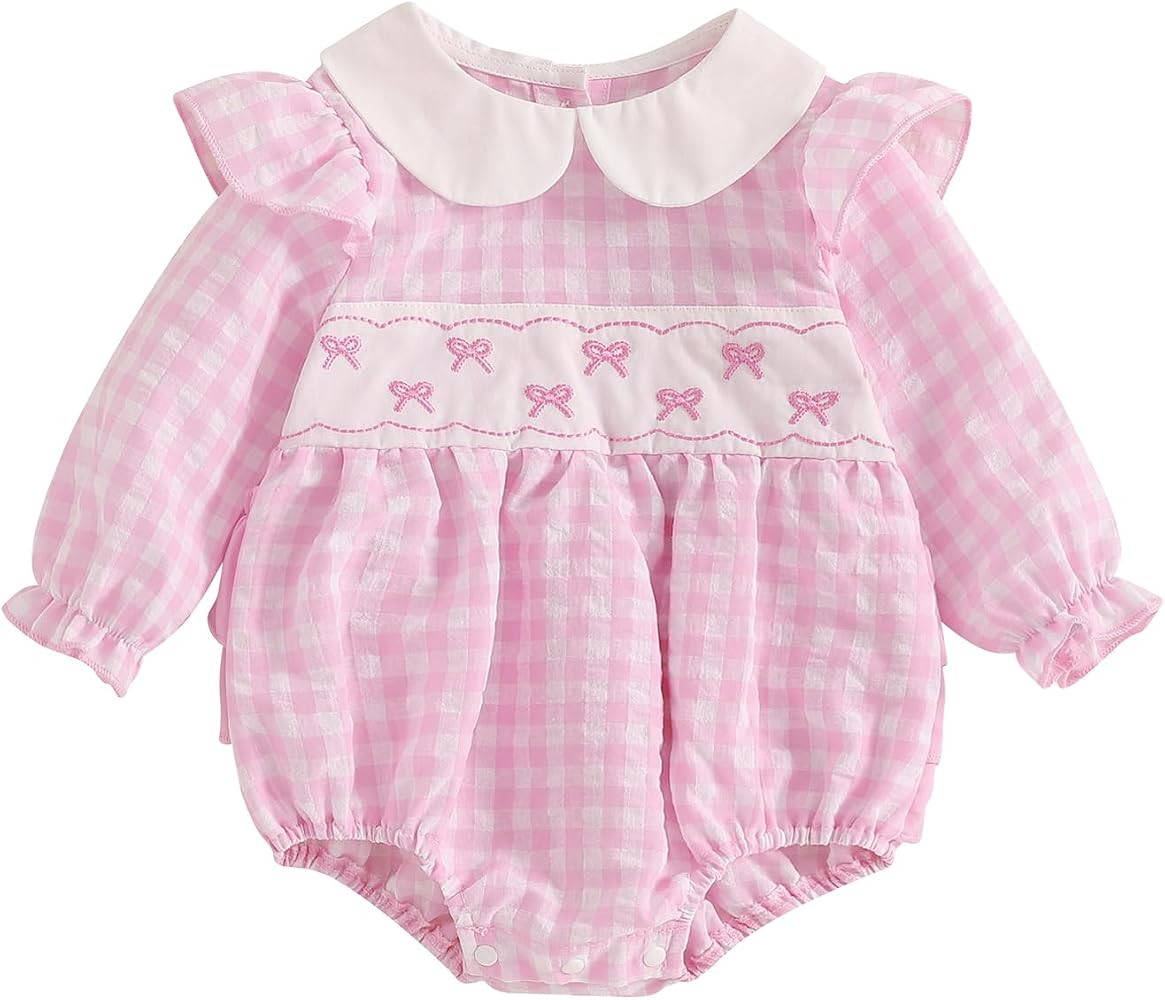 Toddler Baby Girls Smocked Outfits Bow Print Puff Long Sleeve Bubble Romper Spring Infant Valenti... | Amazon (US)