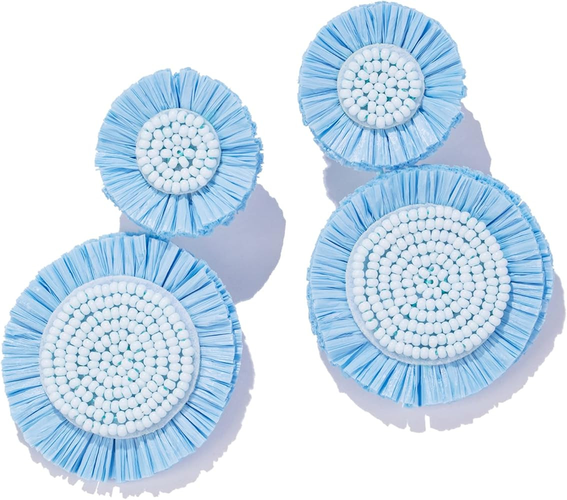 Boho Raffia Dangle Earrings Beaded - Handmade Tropical Flower Earrings for Summer Beach Vacation | Amazon (US)