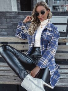 Plaid Print Popper Front Flap Pocket Belted Overcoat | SHEIN