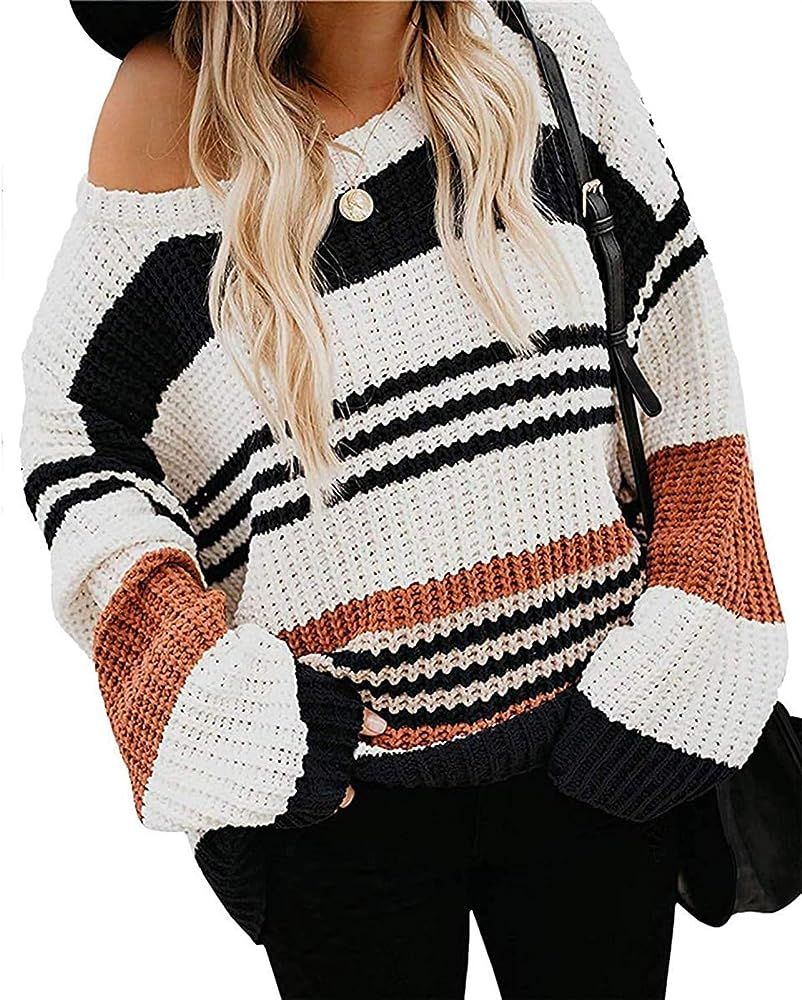 Women's 2023 Fall Long Sleeve Crew Neck Striped Color Block Casual Loose Knitted Pullover Sweater... | Amazon (US)