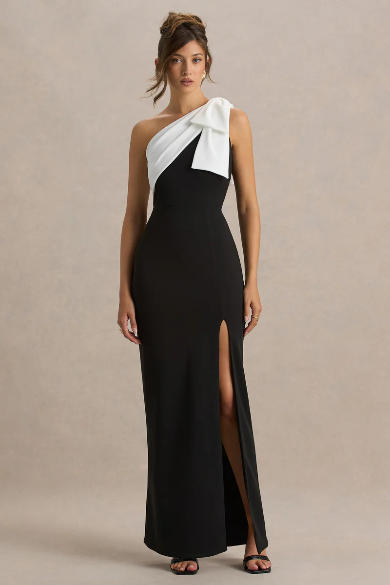 Kiri  Black & White One-Shoulder Bow Maxi Dress | Club L London