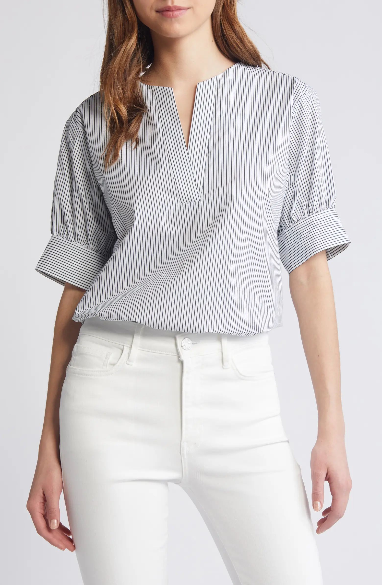 Stripe Split Neck Organic Cotton Popover Top | Nordstrom