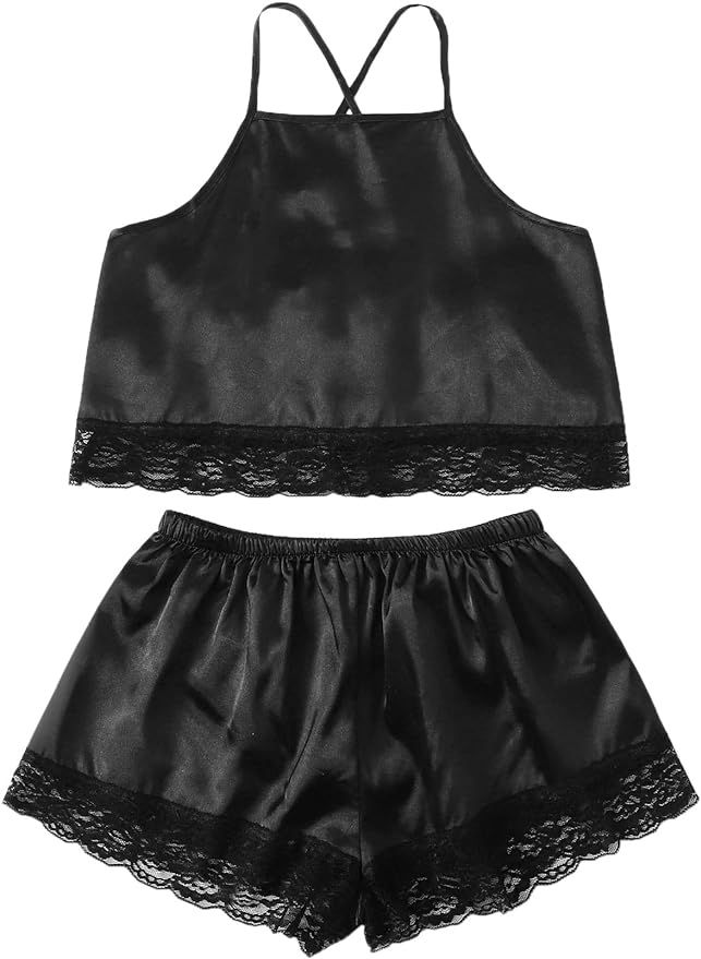 SweatyRocks Women's Satin Lace Sleepwear Cami Top and Shorts Pajama Set | Amazon (US)