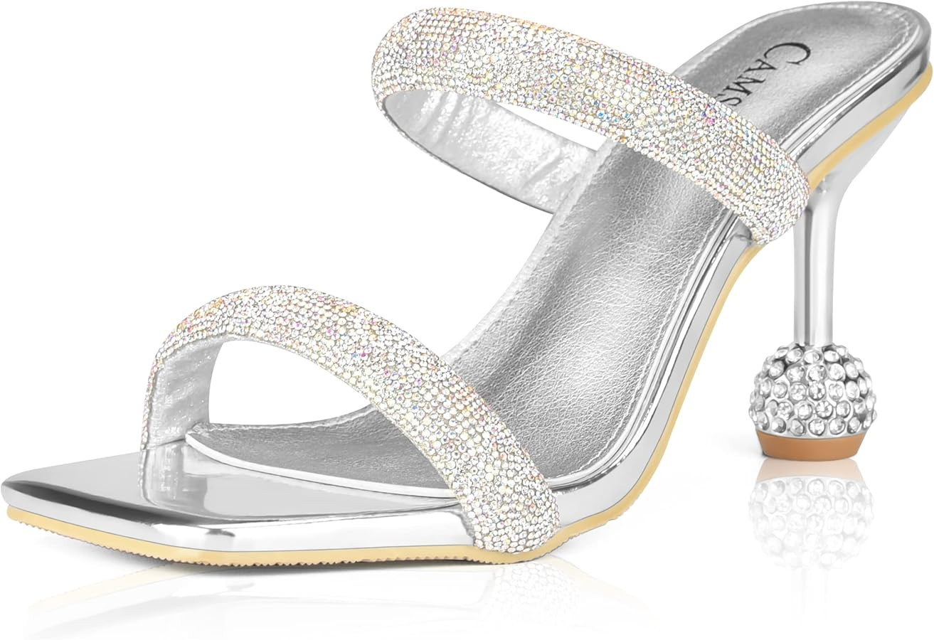 CAMSSOO Women's Rhinestones Heels Sandals Square Open Toe Strappy Slip On Mules Dress Sexy Fashio... | Amazon (US)