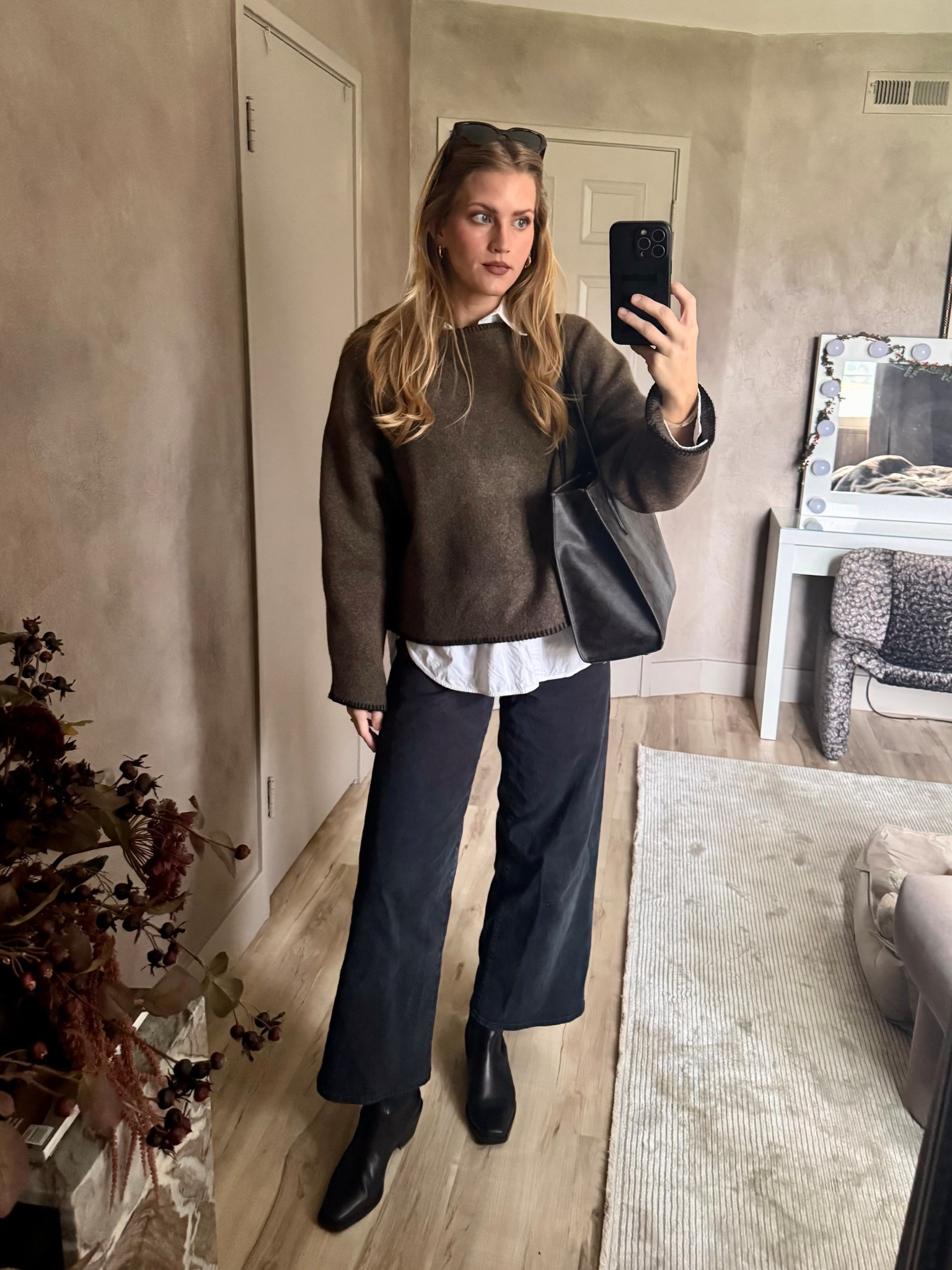 Sweater is Zara and on sale! Item number 2142/239
Undershirt is also Zara and it’s a couple years old.
Pants and boots are older, but I linked similar options.