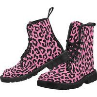 Pink Leopard Women's Boots, Animal Print Vegan Canvas Lace Up Shoes Black Cheetah Festival Army Ankle Combat Winter Casual Custom Gift | Etsy (US)