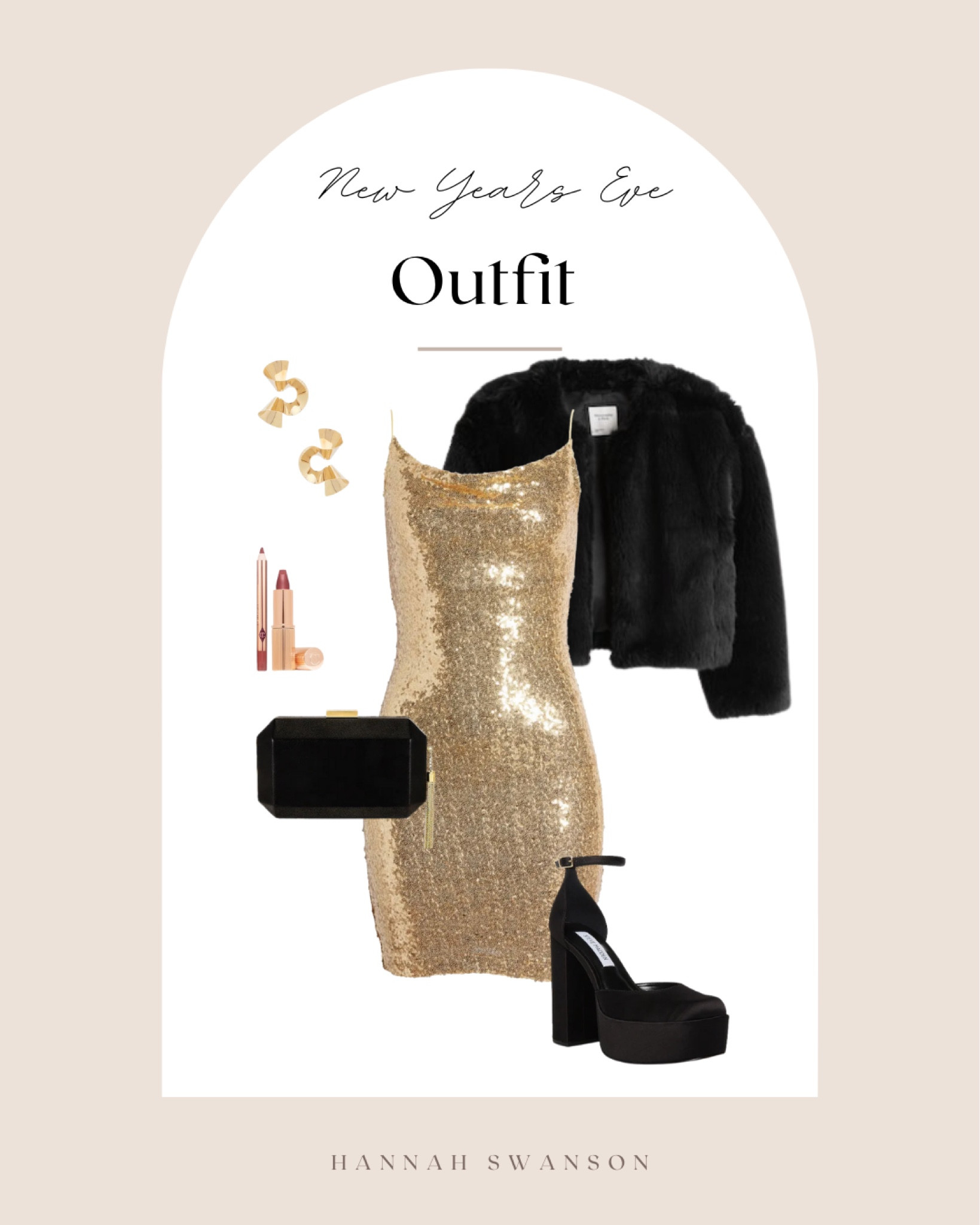 NYE Outfit. New Years Eve Outfit. Gold Sequins Dress. Faux fur coat. Black block heel. Black clutch. Gold earrings. Pillow talk lipstick. Gold dress. Spaghetti strap dress. Black purse. Lipliner. Holiday outfit. 

#LTKstyletip #LTKHoliday #LTKSeasonal