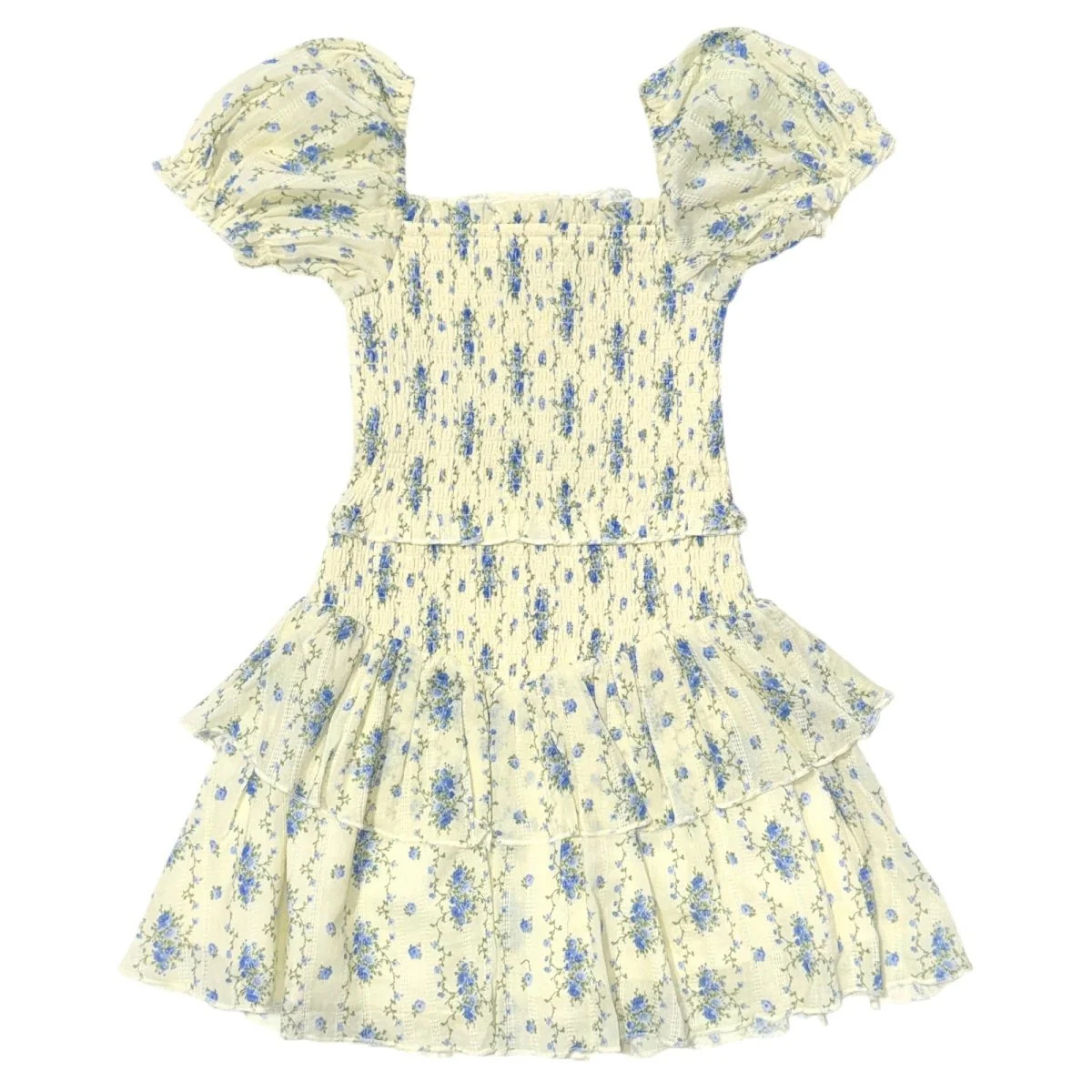 CREME STRIPE FLORAL LAINEY PUFF SLEEVE DRESS 14 / IVORY | Mini Dreamers 