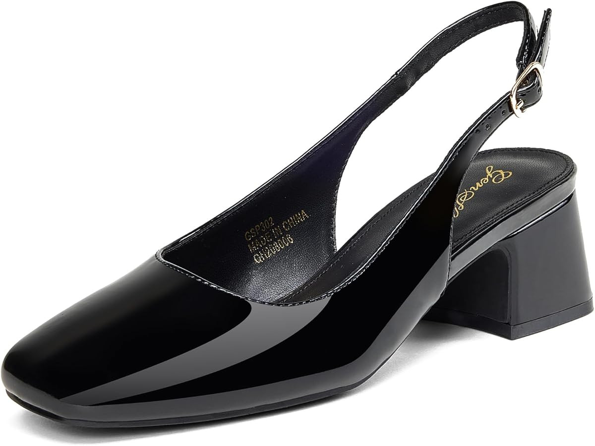 GENSHUO Women's Slingback Low Chunky Block Heel Pumps Square Toe Dress Shoes | Amazon (US)