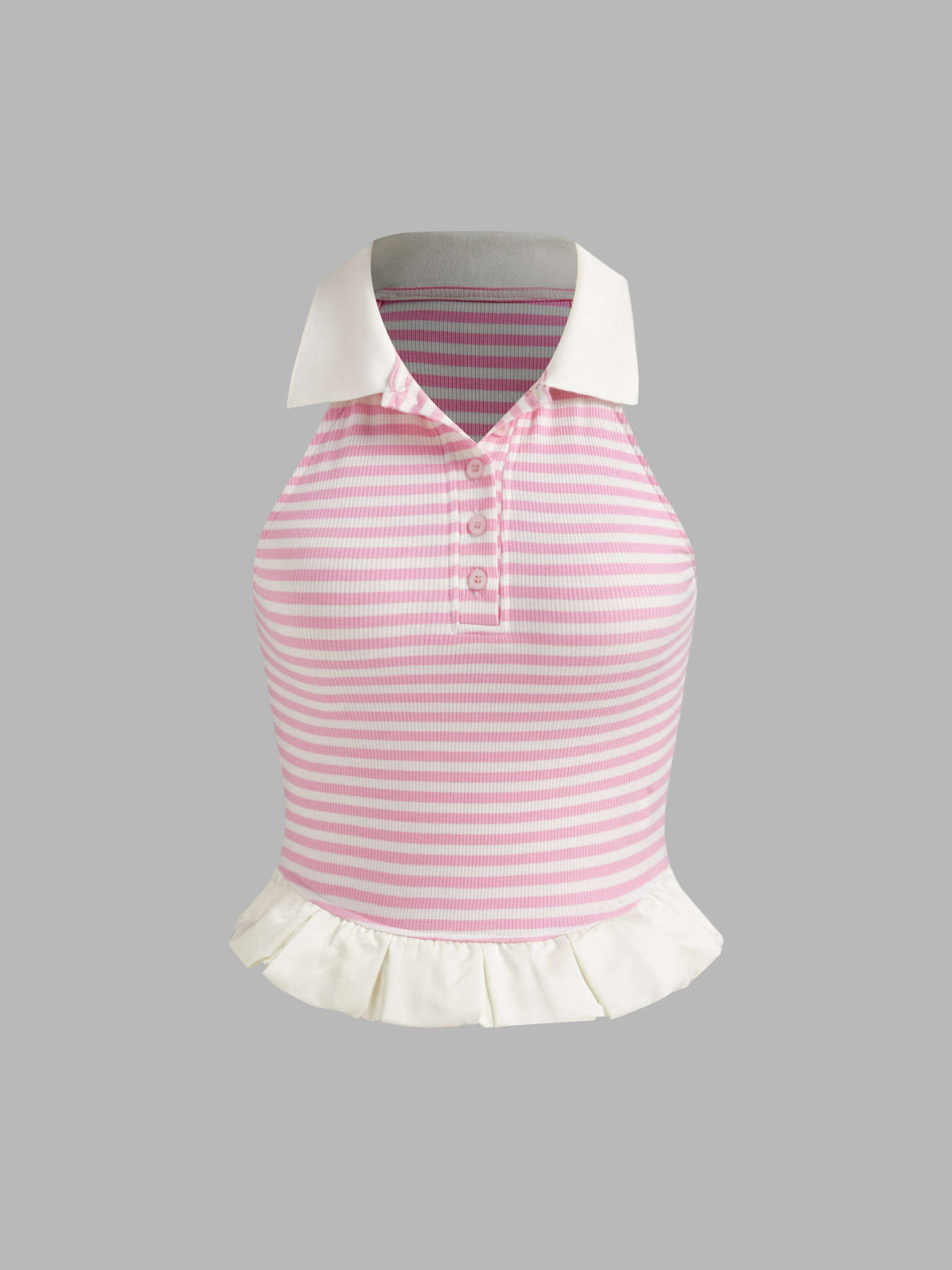 Satin Knit Fabric Polo Striped Ruffle Hem Crop Tank Top For School Daily Casual | Cider
