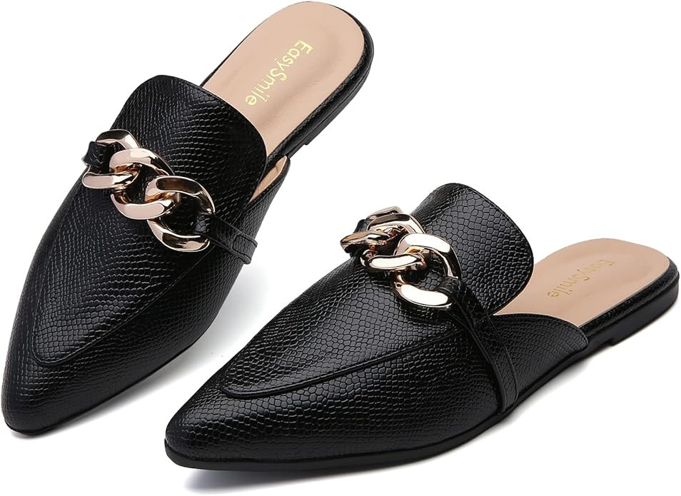 EasySmile Metal Chain Decor Flat Mules for Women Closed Pointed Toe Slip on Loafers Slides Backle... | Amazon (US)