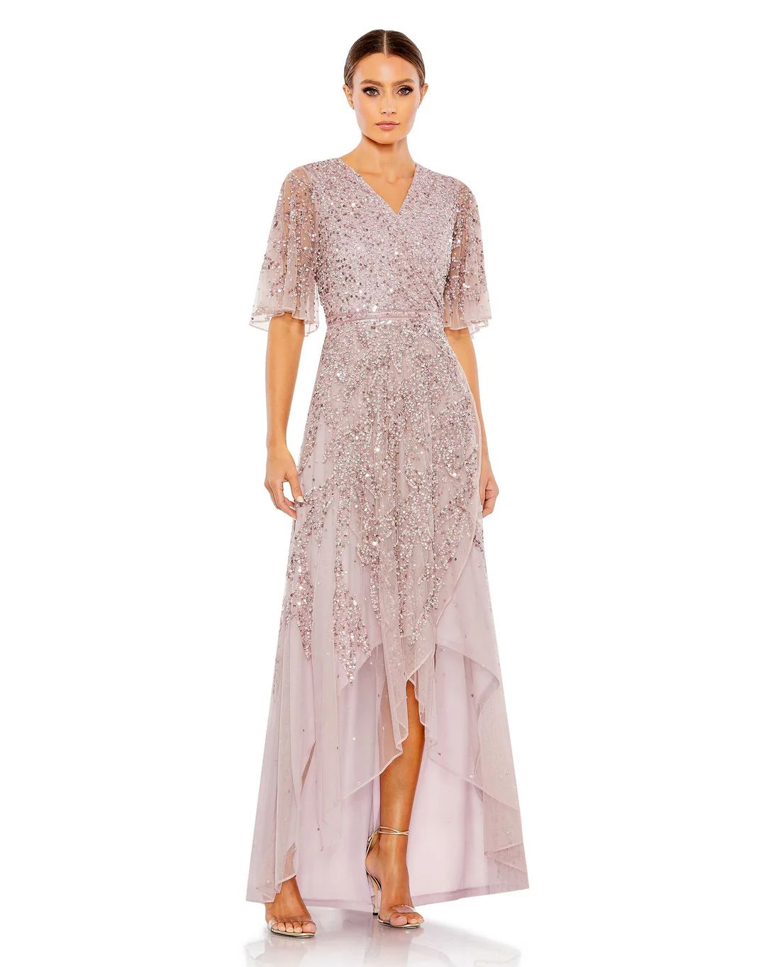 Sequined Butterfly Sleeve High Low Gown | Mac Duggal
