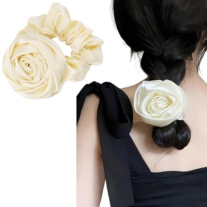 Satin Rose Hair Scrunchies Flower Hair Bows for Women Girls Silk Scrunchy Hair Elastics for Long ... | Amazon (US)